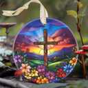 2 x Cross 3.5 Inch Ceramic Christmas Hanging Ornament - Cross Spring Flower