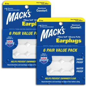 Mack's Pillow Soft Silicone Earplugs, Value Pack - The Original Moldable Silicone Putty Ear Plugs for Sleeping, Snoring, Swimming, Travel, Concerts and Studying, 6 Pair (Pack of 2) (White)