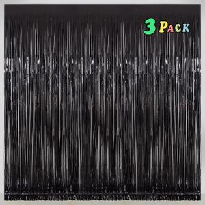 Graduation Decorations 2026 Black Foil Fringe Curtain Party Decorations 3 Pack 3.2 x 8.2 ft Shiny Black Tinsel Curtain Backdrop for Birthday, Graduation & Photo Booth, Easy to Install