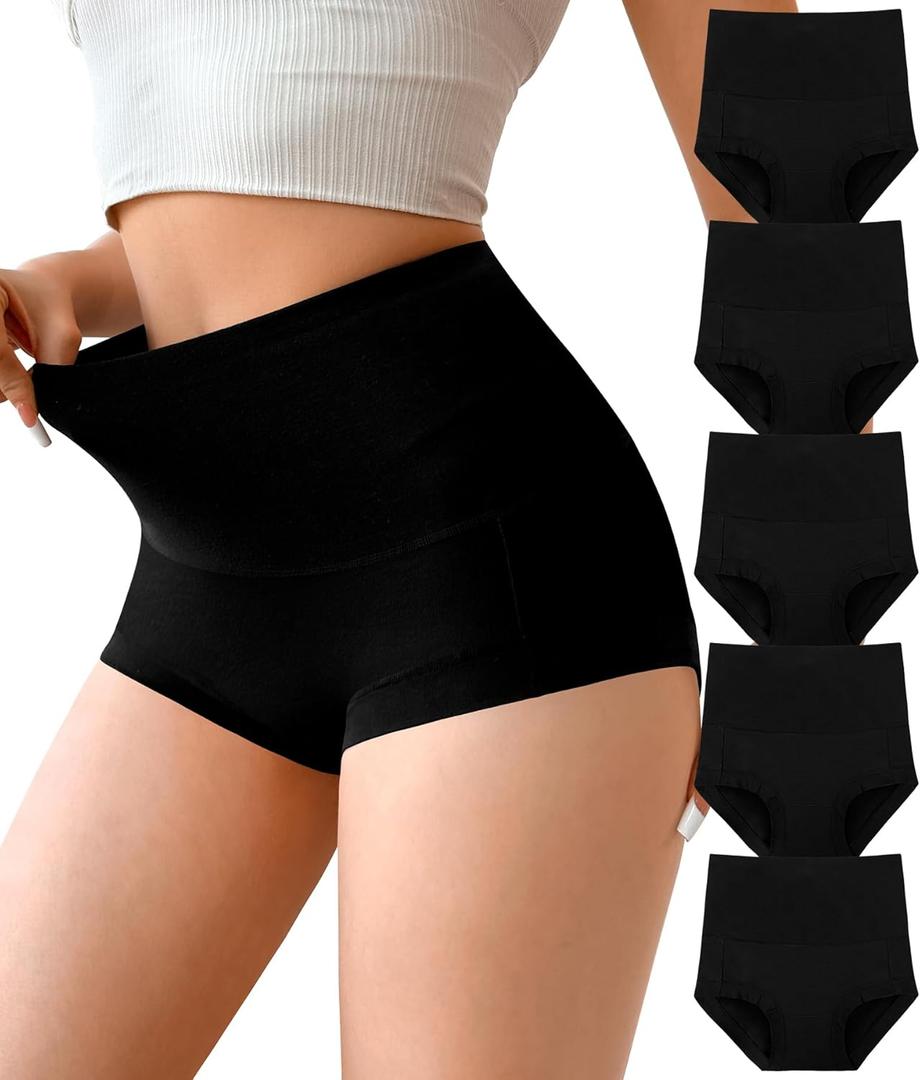 Annenmy Cotton High Waisted Underwear for Postpartum Boy Shorts Women Tummy Control Brief Cotton Panties 5 Pack (Medium)