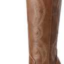 DREAM PAIRS Cowboy Boots For Women, Comfortable Pull On Zipper Chunky Heel Pointed Toe Embroidered Western Cowgirl Knee High Boots (7, Light Brown)