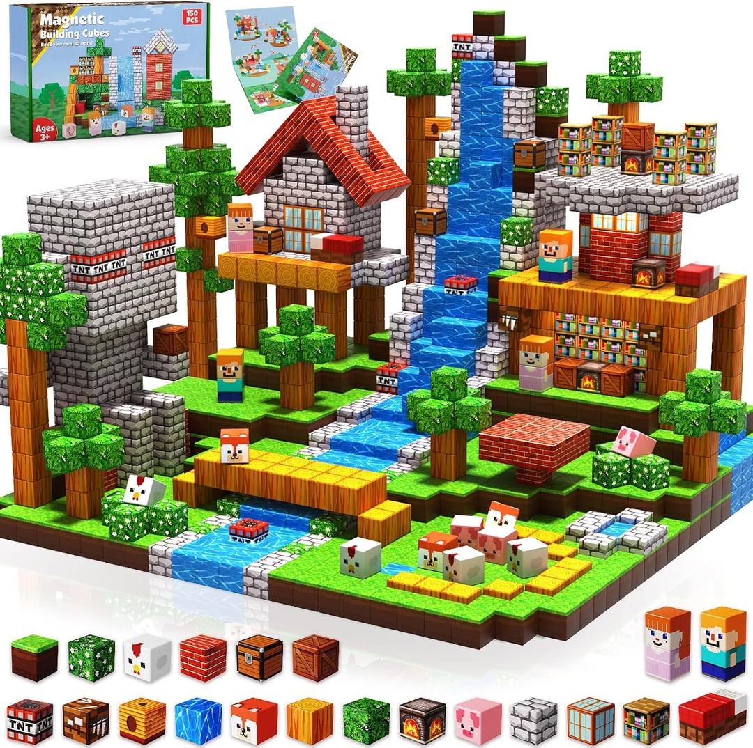 Magnetic Blocks-150PCS Grassland Magnetic Building Blocks Set, Kids Classroom Sensory Toy for Toddlers STEM Learning, Construction Stacking Toy for Kids 3+ Boys and Girls Christmas Birthday Gifts