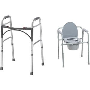 Drive Medical Deluxe 2-Button Folding Walker, Lightweight Walkers for Seniors and Adults & 11148-1 Folding Steel Bedside Commode Chair, Portable Toilet