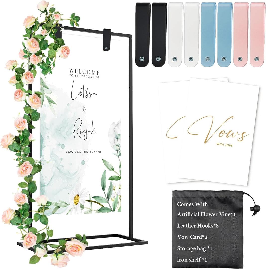 Wedding Welcome Sign Stand, 57x31x15"Easel Stand for Sign with Leather Straps, Flower Vine, Vow Card, Welcome to Our Wedding Sign Stand Holder, Heavy Duty Floor Stand Easel for Wedding Birthday Party (Black)