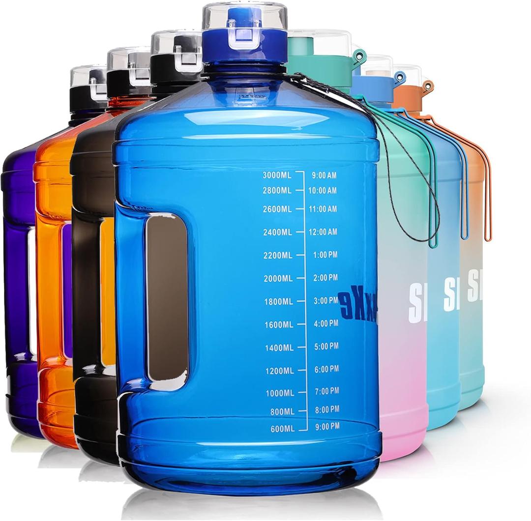 SLUXKE Gallon Big Water Bottle with Handle, 128oz Leakproof BPA Free Fitness Sports Water Bottle with Motivational Time Marker & Wide Mouth Ensure You Drink More Water (BLUE)