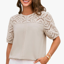 GRACE KARIN Women's 2025 Casual Tops Short Sleeve Eyelet Embroidered Summer Trendy Shirts Crewneck Crochet Blouses, Size:2XL