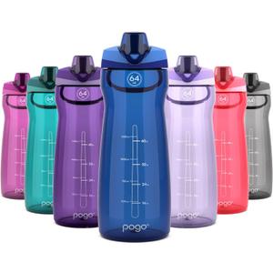 Pogo 64oz Plastic Water Bottle with Leak-Proof Chug Lid and Carry Handle, Reusable, BPA Free, Capacity Markings, Dishwasher Safe, Perfect for Travel, School, Outdoors, and Gym, Blue