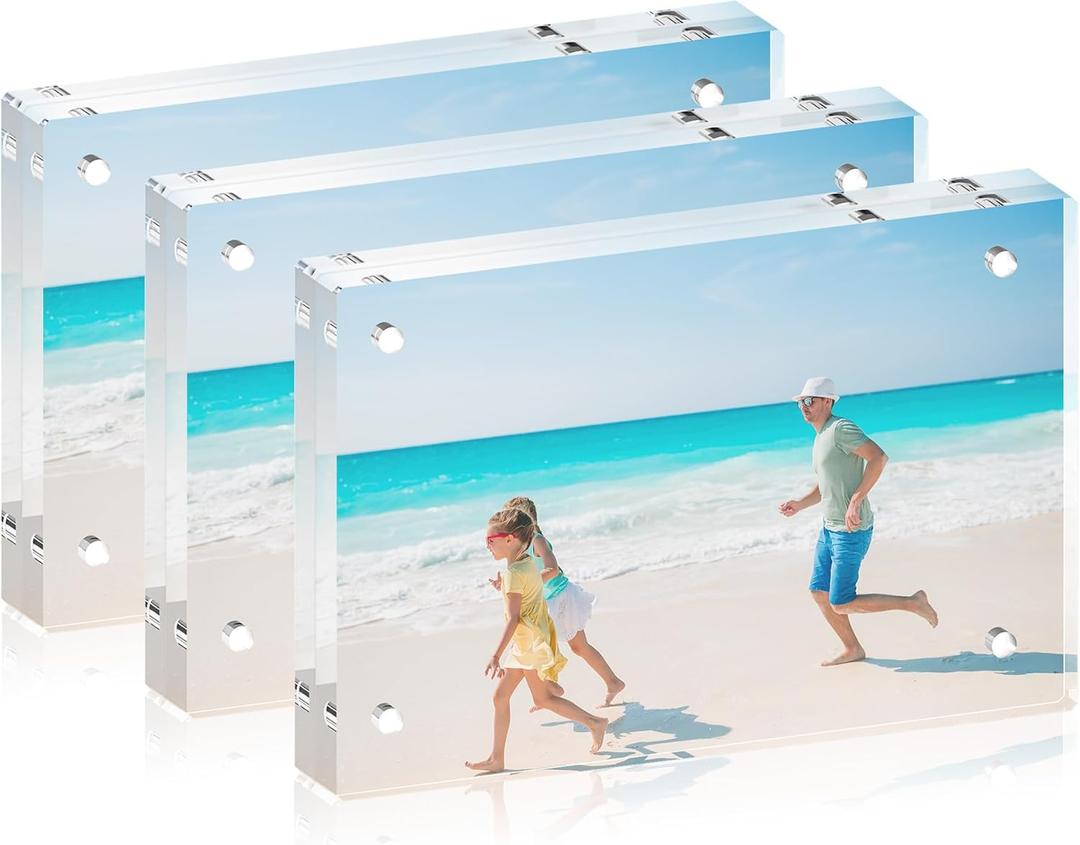 5x7 Acrylic Picture Frame Set of 3, 20mm Thick, Double-Sided Transparent Magnetic Frameless Photo Frame, Desktop Freestanding Display for Office or Home Decor
