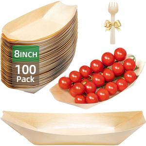 100-Pack Wooden Disposable Plates 8 IN Boat Plates Food Trays Disposable Dessert Plates Disposable Food Boats for Party Weddings Picnic (Actual Size Used: 4.72" D x 2.76" W x 0.87" H)
