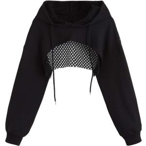 COZYEASE Women's Sports Cropped Sweatshirt Hollow Out Crop Tops Drop Shoulder Drawstring Pullover Cropped Hoodie (Medium, Black)