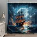 Pirate Ship Shower Curtain Nautical Sailboat Sailing Ocean Adventure Full Moon Cloudy Night Sky Polyester Fabric Bathroom Decor Curtains Set with Hooks 70Wx70H Inch (Blue)