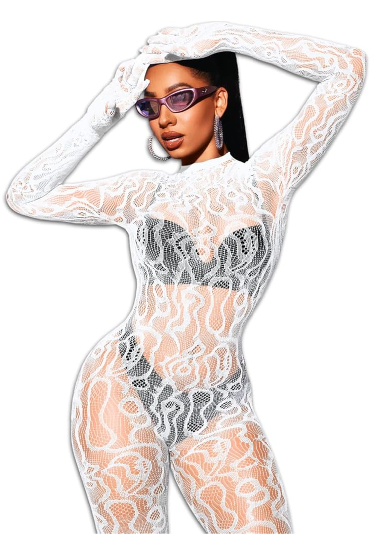 Women Sexy Fishnet Full Bodysuit, Mesh Lace Poster Jumpsuit Glow Party Rave Outfits, Body Stockings Halloween Costume, One Size