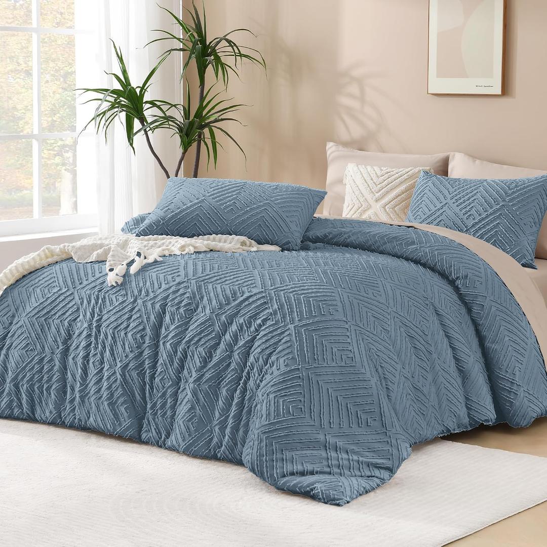 Andency Grayish Blue Comforter Set King Size, 3 Pieces Boho Bedding Set & Collections, Farmhouse Tufted Fluffy Bedding Comforter Sets for King Bed (1 Comforter 104x90In, 2 Pillowcases)