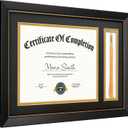 11x16.5 Diploma Frame with Tassel Holder for 8.5x11 Certificate Document, Black Diploma Frame with Real Glass, Black Over Gold Double Mats, Display 8.5x11 diploma and One Tassel