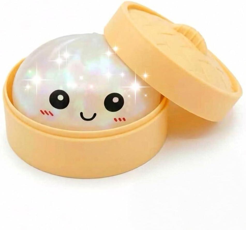 Giant Dumpling Stress Ball, Big Squishy Steamed Bun Fidget Toy with Steamer, Helps with Stress Relief, Soft Squeeze Ball for Kids and Adults (Colorful Glitter)
