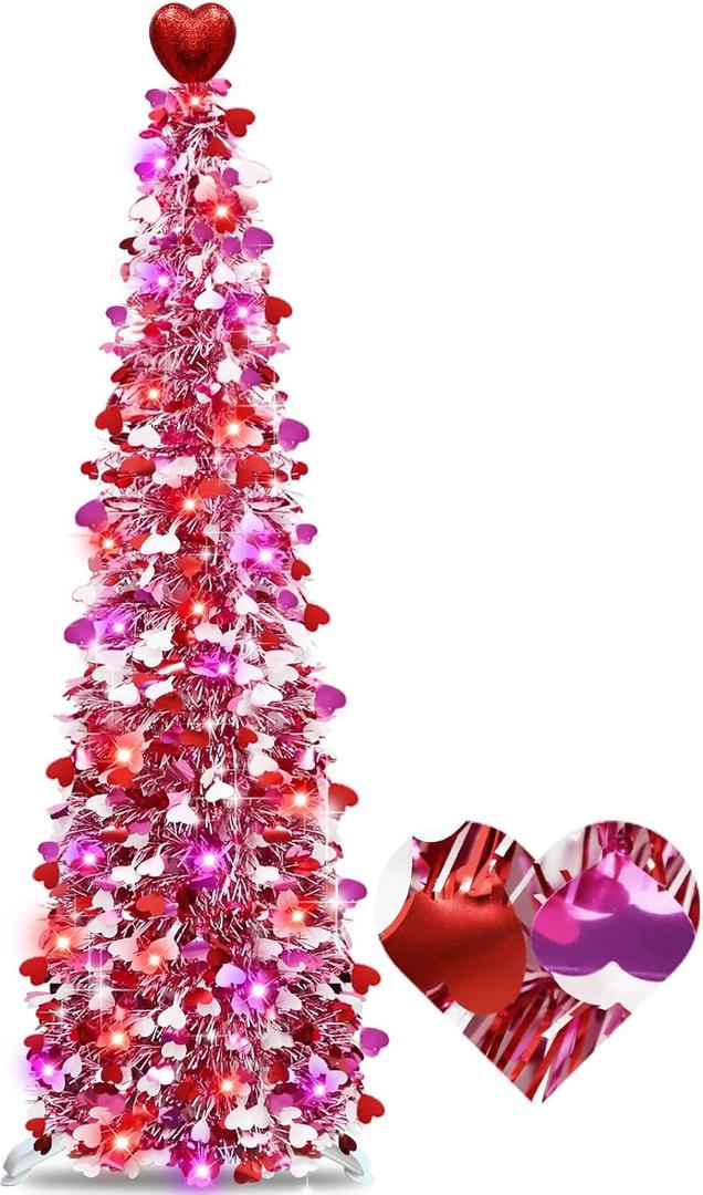 Valentines Day Decorations 5 Ft Valentines Tree with 50 Red&Pink Lights Timer 3 Color Sequin Ornaments Heart Topper Battery Operated Tinsel Christmas Tree Valentine Decor Home Wedding Party Indoor