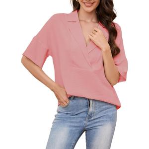 HVT 3/4 Length Sleeve Women's Tops Dressy Casual Work Shirts V Neck Chiffon Office Blouses (X-Large, Pink)