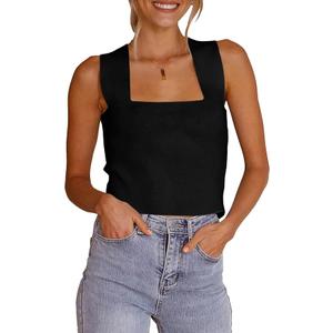 Zwurew Women's Knit Square Neck Tank Tops 2026 Summer Casual Sleeveless Sweater Fitted Shirts Tanks, Black Small