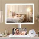 FUNTOUCH Large Makeup Vanity Mirror with Lights, Rechargeable Lighted Desk Makeup Mirror with 96 LED Lights and 10x Magnifying Mirror, 3 Color Lighting, Light up Make up Mirror with Phone Holder (11"lx7.8"w-white-l)