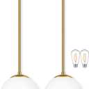 Bagood 10" Globe Pendant Light Gold 2 Pack Mid Century Pendant Light Globe Pendant Lights Kitchen Island Brushed Brass Finished with Milk Glass Adjustable Ceiling Light Fixtures for Dining Room Bar