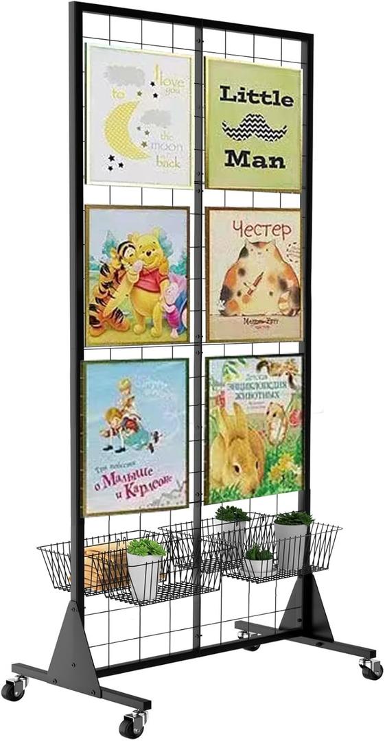 QKOSMTL Gridwall Panel Display Stand, 2'x5.5' Heavy Duty Floor Standing Rack with Detachable Girdwall, Movable Silent Wheel, Easy to Transport, Ideal for Retail & Craft Fairs