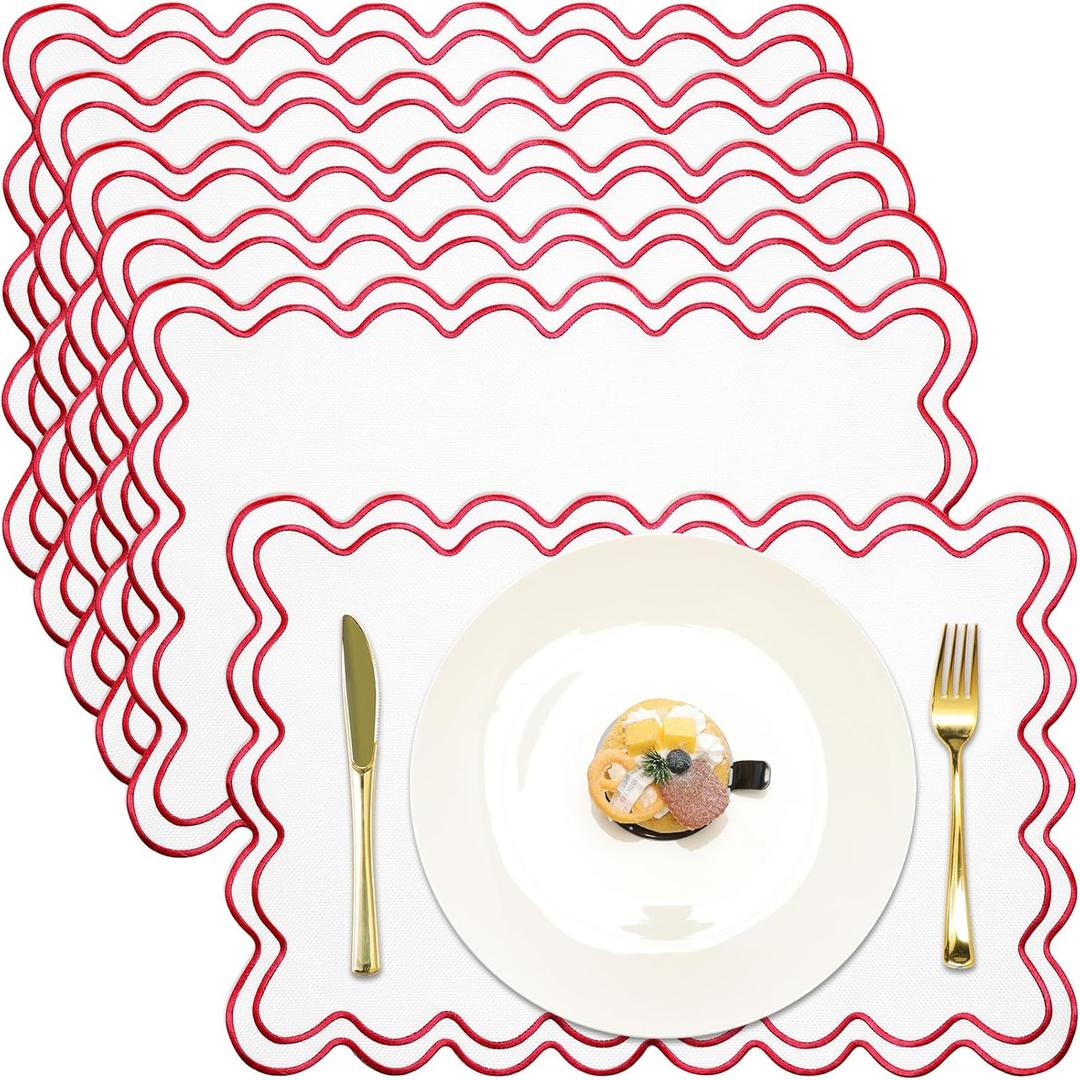 Set of 6 Cotton Linen Placemats, 13x19 Inch Scalloped Wavy Embroidery Placemat Double Layered Washable Rustic Rectangle Dinner Table Mats for Wedding Home Decor(White with Red)