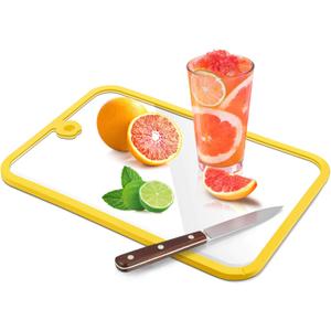 Glass Cutting Board,Glass Cutting Boards for Kitchen Counter,Clear Tempered Chopping Board Set with Non-Slip Silicone Edge,Hanging Hole,Dishwasher Safe,Heat Proof,Shatter Proof (Yellow)
