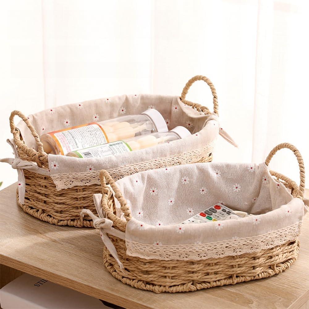 GIB Small Wicker Storage Baskets for Organizing, Decorative Woven Baskets with Handles & Liners, Boho Paper Rope Serving Baskets Trays for Shelves & Gifts, Set of 2 (Beige-Oval)