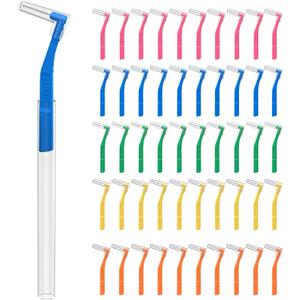 Fremouth 50 Angle Interdental Brushes with Extended Handle for Braces, 5 Sizes, Extra Tight(0.6mm), Tight(0.7mm), Medium(0.8mm), Wide(1.0mm,1.2mm), L- Shaped Interproximal Floss for Dental Health (Blue,green,pink,orange,yellow)