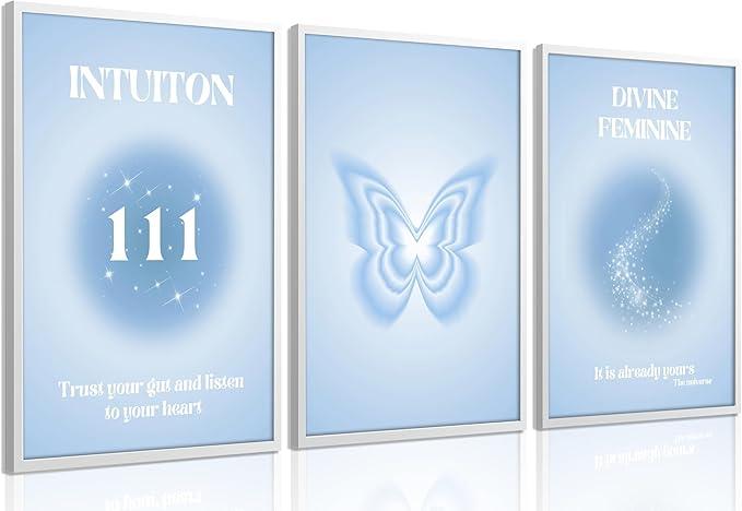 3 pcs Blue Gradient Aura Canvas Wall Art Trendy Angel Numbers Butterfly Spiritual Grainy Gradient Wall Decor Pictures Preppy Aesthetic Posters Prints for Girls' Room Bedroom Dorm Decoration
