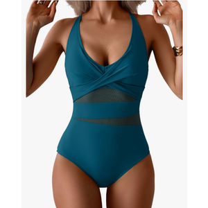Aidonger One Piece Swimsuit for Women Tummy Control Sexy Mesh Bathing Suit V Neck Tie Back Swimwear Blue, Size 2XL