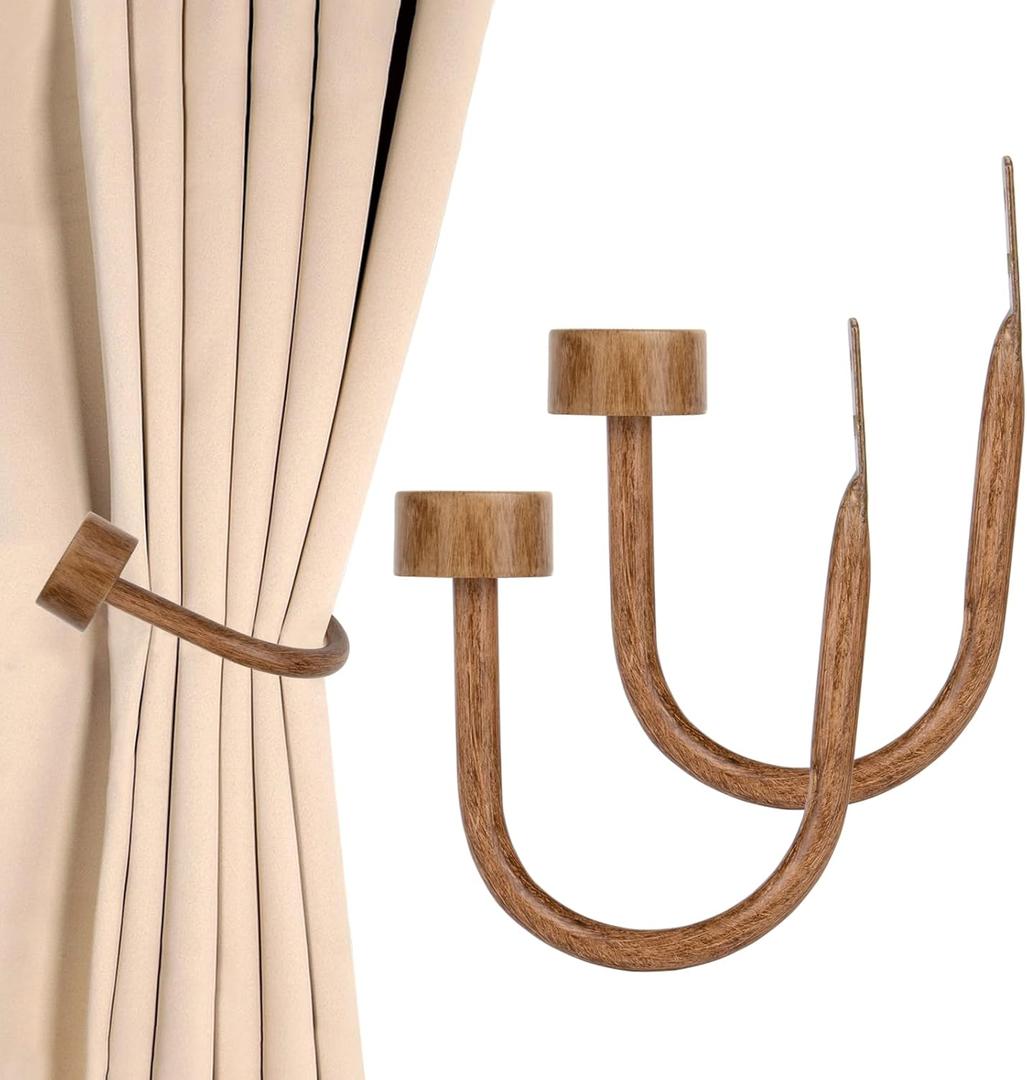 KAMANINA Curtain Holdbacks for Wall, Wood Grain Curtain Hooks Wall Mounted, Curtain Tiebacks Holders for Drapes, Modern Cap Finials (2 Pack)
