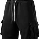 A WATERWANG Men's Cargo Sweat Shorts Casual Drawstring Elastic Waist Athletic Workout Gym Jogger Shorts with 5 Pockets (Black, XXL)
