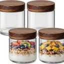 10oz 4 Pack Overnight Oats Containers with Lids, Small Glass Mason Jars with Acacia Wood Airtight Lids, Wide Mouth Meal Prep Storage Jars for Oats, Chia Pudding, Salad, Parfait, Snacks, Spice
