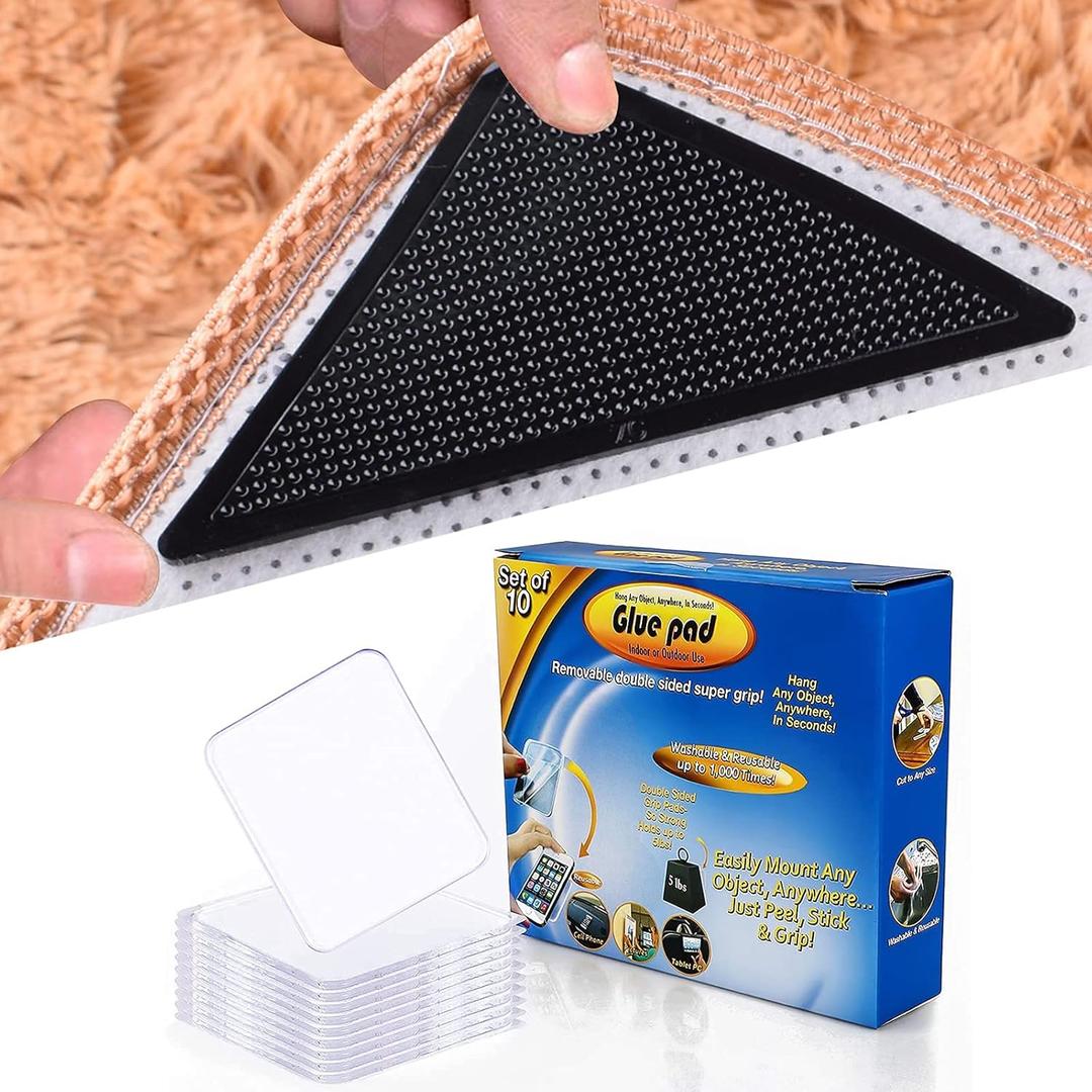 Carpet Stickers(8 Pcs) with Super Sticky Gel Pads(10 Pcs),Anti Curling Non Slip Reusable Rug Pad for Area Rugs and Traceless Anti Slip Sticky Pads for Auto Car Home Cell Phone Glass