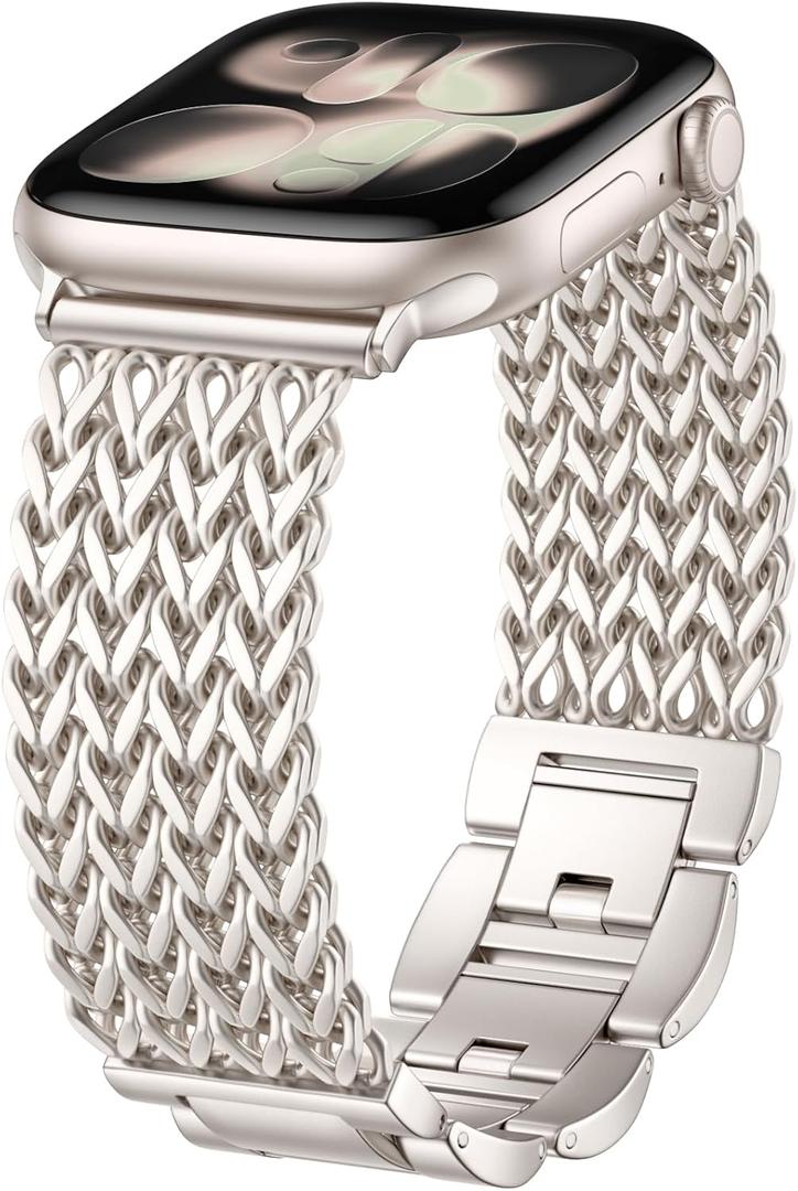 Metal Band Compatible with Apple Watch Bands for Women 40mm 41mm 42mm 38mm 44mm 45mm 46mm 49mm, Dressy Stainless Steel Link Bracelet, Designer Strap for iWatch Series 11/SE/10/9/8/7/6/5/4/3/2/1/Ultra (Starlight)