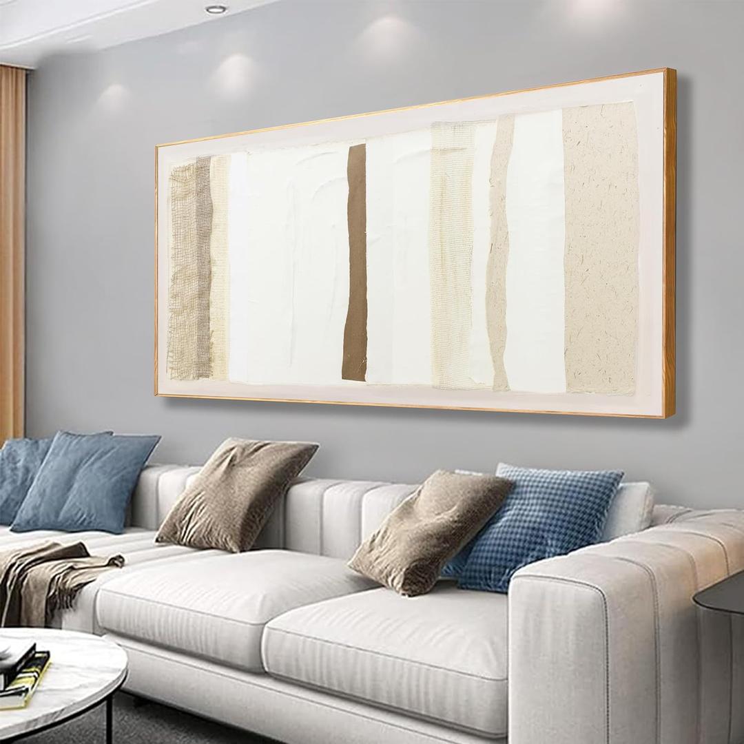 TQJ YILUFA ART Abstract Wall Art - Framed Canvas - Brown and White Minimalist Line Print - Suitable for Bedroom, Living Room, Kitchen - 48" x 24"