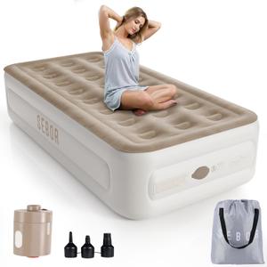 Air Mattress Twin with Built in Pump, 18" Ultimate Comfort Blow up Mattress Twin with Rechargeable Pump, Colchon Inflatable Mattress for Home, Guest, Camping & Office, Air Bed 660lbs Max (18 Twin, Khaki)