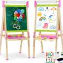 Adjustable Double-Sided Magnetic Wooden Easel for Kids with Paper Roll, 18.5 inches