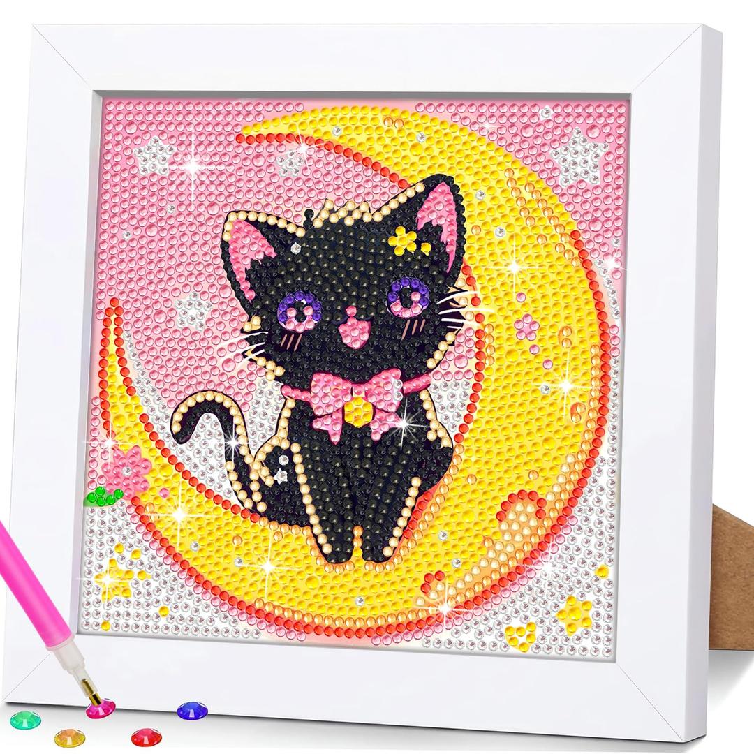 SuanFA Cat Diamond Art Kits for Adults with Frame, Moon Diamond Painting Kits for Kids,Full Round Drill Gem Painting Kit with Colorful Box for Decoration and Gift(15x15 cm/6x6 inch)