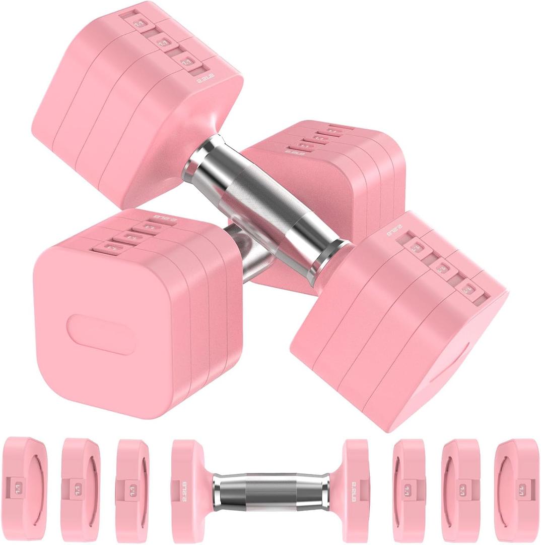 Hezeyferg 22LBS Adjustable Dumbbells Set, Adjustable Weight Dumbbells with 4 Levels 4.4lb, 6.6lb, 8.8lb, 11lb, Hand Weights Sets for Women/ Men Home Gym Full Body Workout (11LB Each (22LB Pair), Pink)