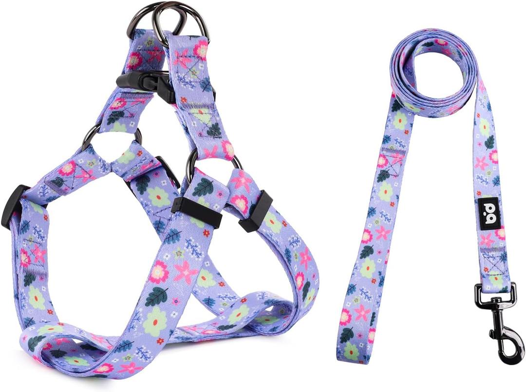 QQPETS Dog Harness Leash Set Adjustable Heavy Duty No Pull Halter Harnesses for Small Medium Large Breed Dogs Back Clip Anti-Twist Perfect for Walking (XS, Floral Purple)