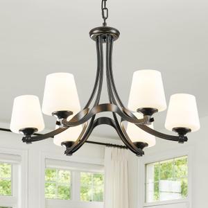 6 Light Modern Black Chandeliers, Farmhouse Dining Room Light Fixtures Over Table Rustic Chandeliers for Kitchen Island with Frosted Glass Shade for Living Room Foyer Height Adjustable 47.2’’, Medium-6 Light
