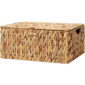 StorageWorks Extra Large Wicker Baskets with Lid for Organizing, Water Hyacinth Storage Baskets for Shelves, Decorative Box with Built-in Handles, Natural, 1 Pack