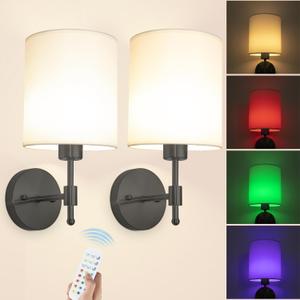 Battery Operated Wall Sconces Set of Two, Wireless Battery Wall Lamp with Remote Control, 12 Colors RGB Magnetic Bulb, Rechargeable Black Wall Sconce for Bedroom Living Room Hallway (14 inch B10)