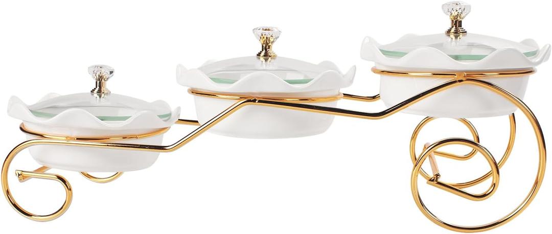 Ceramic Serving Bowls with glass Lids and metal Platter, 3 Removable Dipping Bowls Relish Tray Nuts Dishes for Appetizer, Fruits, Candy & Condiment, Perfect for Party Entertainment