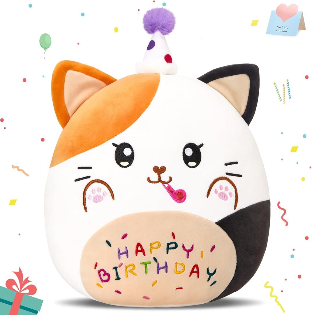 12 Birthday Cat Plush Pillow, Cat Stuffed Animal, Kawaii Plushie Soft Plush Toy Birthday Decor Gift for Kids Toddlers Girls Boys (Normal)