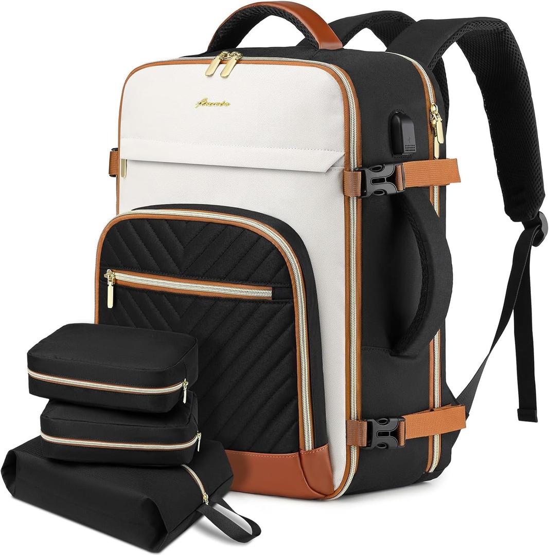 Large Carry On Travel Backpack: Flight Approved 40L Waterproof TSA Personal Item Daypack for Women Weekender Bag fit 17inch Laptop Luggage Backpack Traveling Business with USB Port and 3 Packing Cubes (Beige Black Brown)