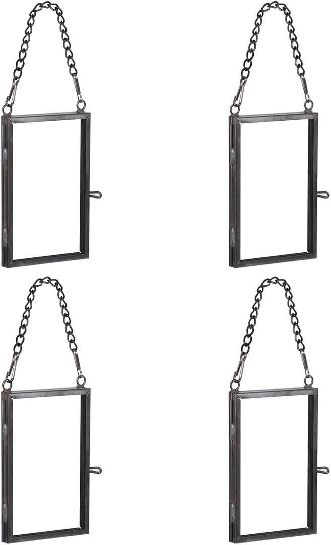 4PCS Glass Frame for Pressed Flowers, 2x3 Inch Mini Brass Hanging Photo Frame Double Glass Frame with Chain DIY Vintage Home Decor(Black, Vertical)