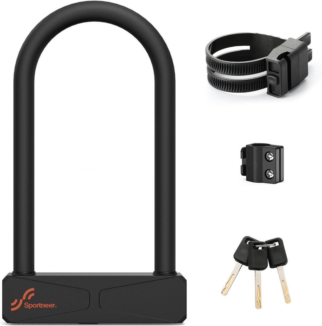 Sportneer Bike Lock - 16mm Shackle Heavy Duty Anti Theft Bike U Lock with 3 Keys - Bicycle U-Locks with Sturdy Mounting Bracket for Bike Scooter Gate, Size 8.7''x5.9'', Weight 2.45lbs